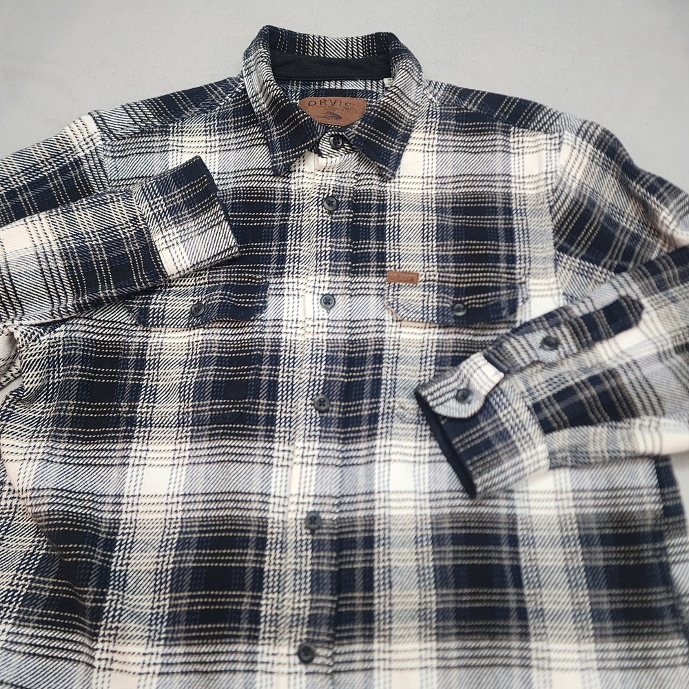 Orvis Flannel Shirt Navy Blue Cream Plaid Button Down Mens Medium‎